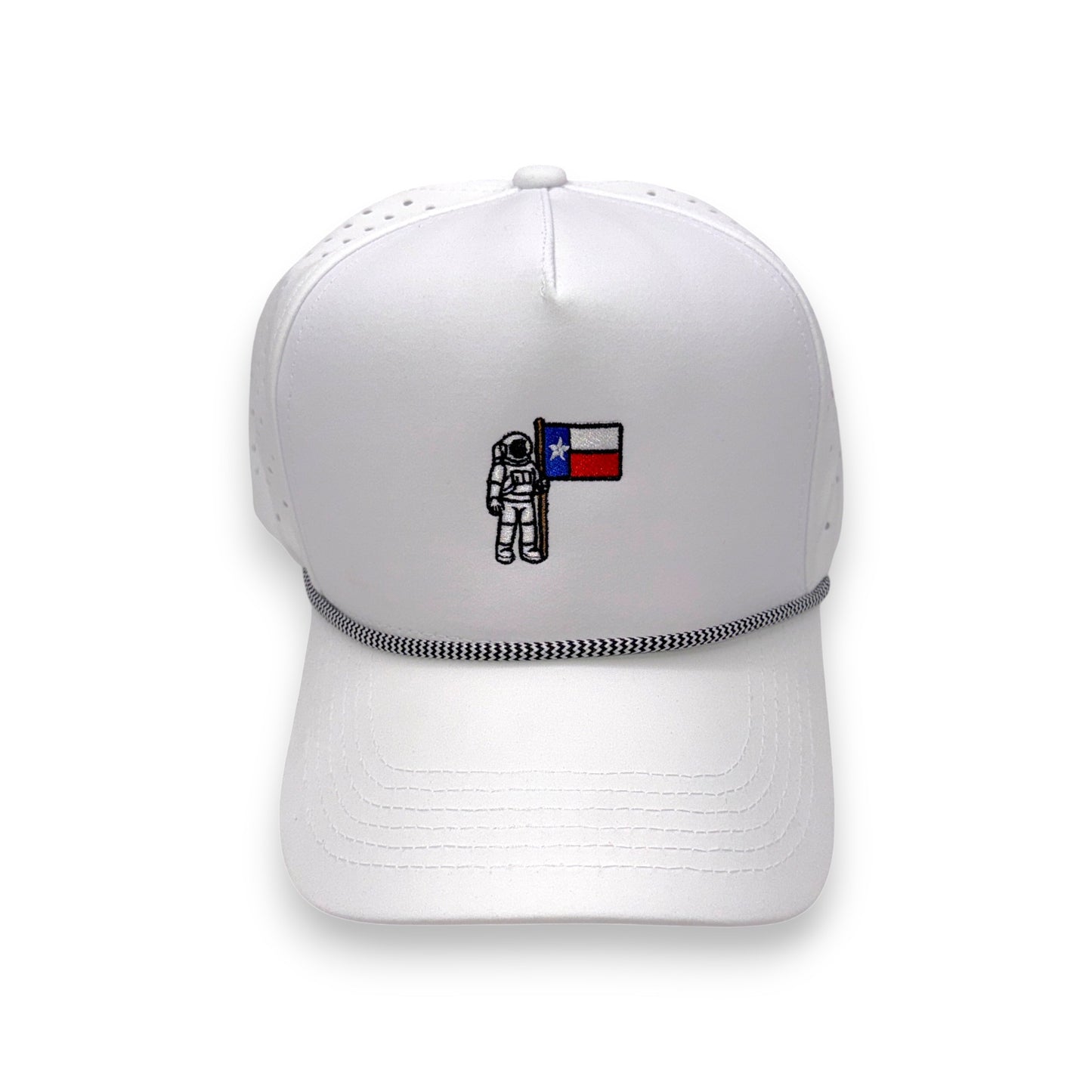 Lone Star Astronaut rope hat white variant - direct front view with astronaut and Texas flag embroidery