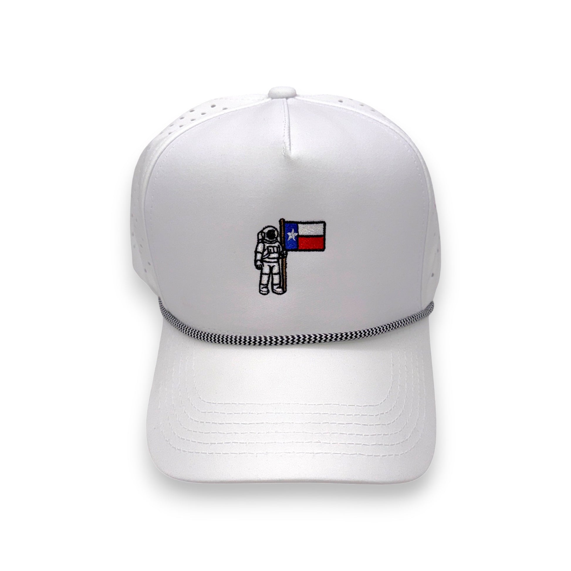 Lone Star Astronaut rope hat white variant - direct front view with astronaut and Texas flag embroidery