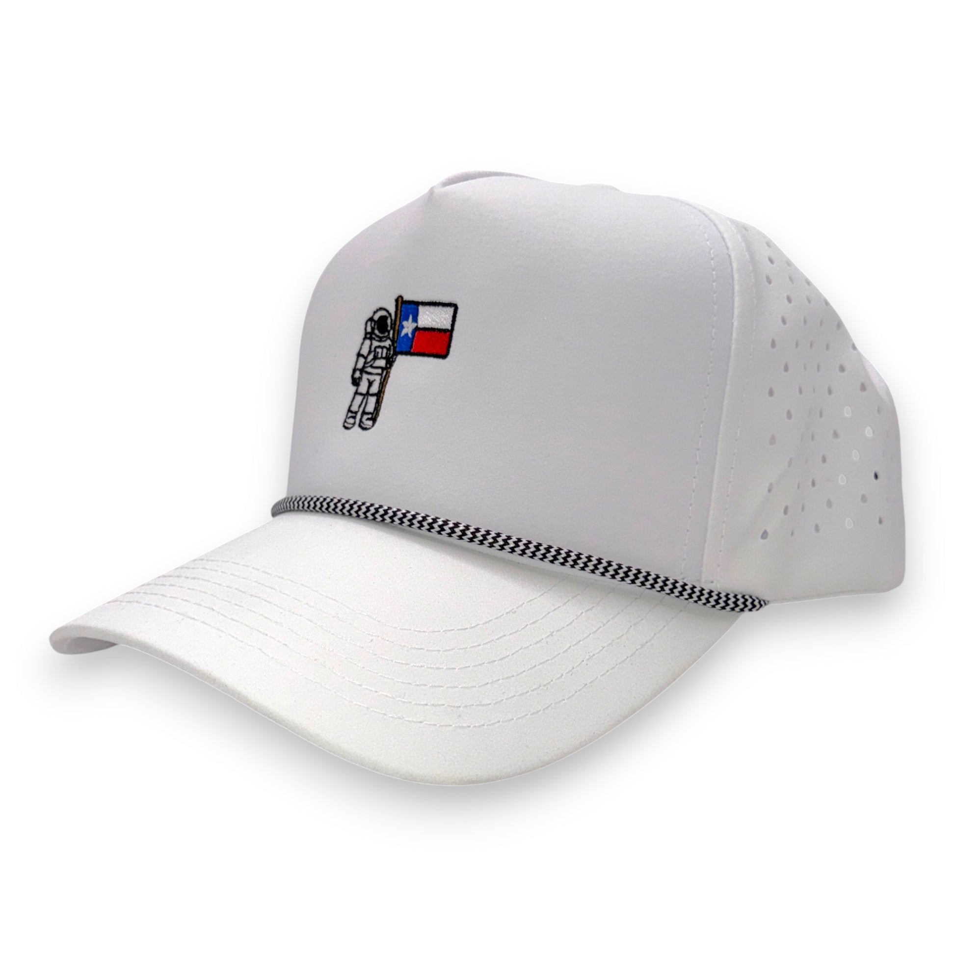 White Texas Astronaut rope cap - angled side view showcasing premium rope trucker construction