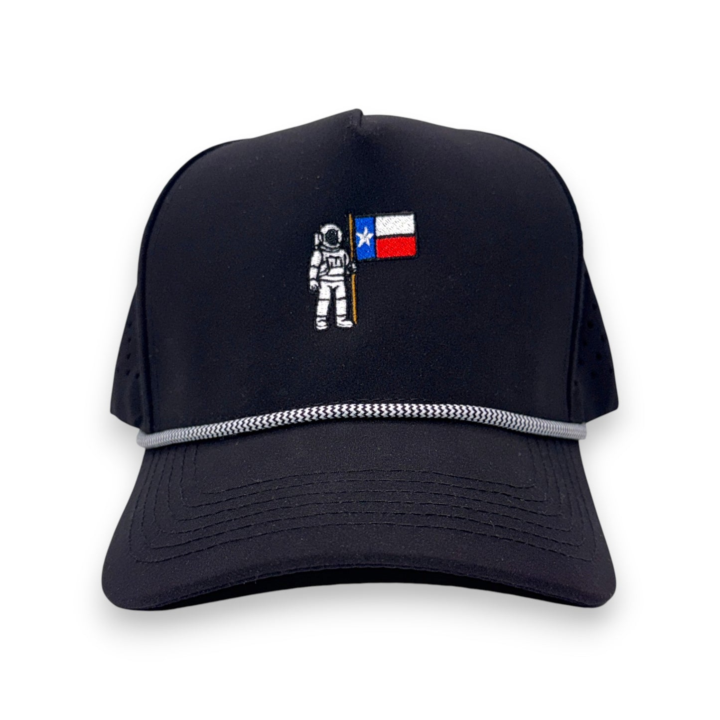 Lone Star Astronaut hat in black with white rope - front view Texas space-themed cap