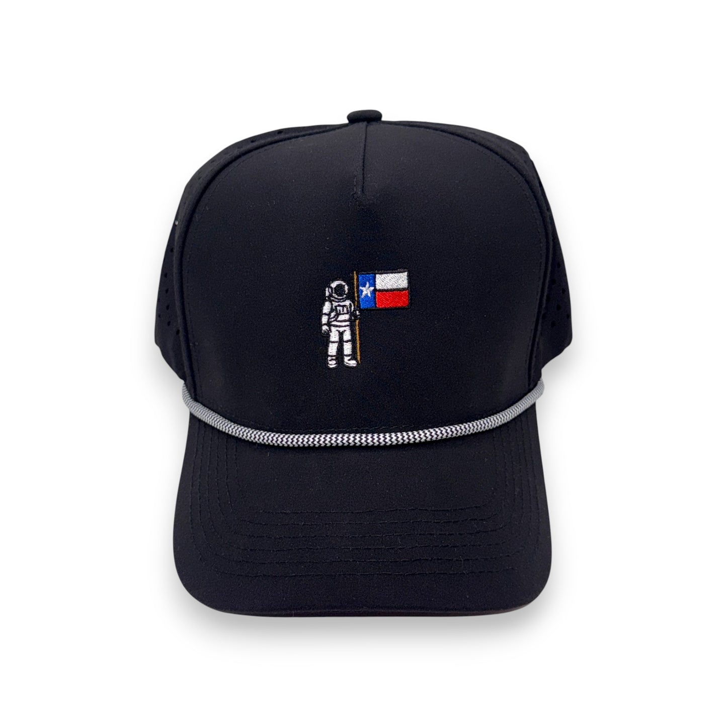 Black Lone Star Astronaut performance cap - front view with perforated mesh and Texas space embroidery