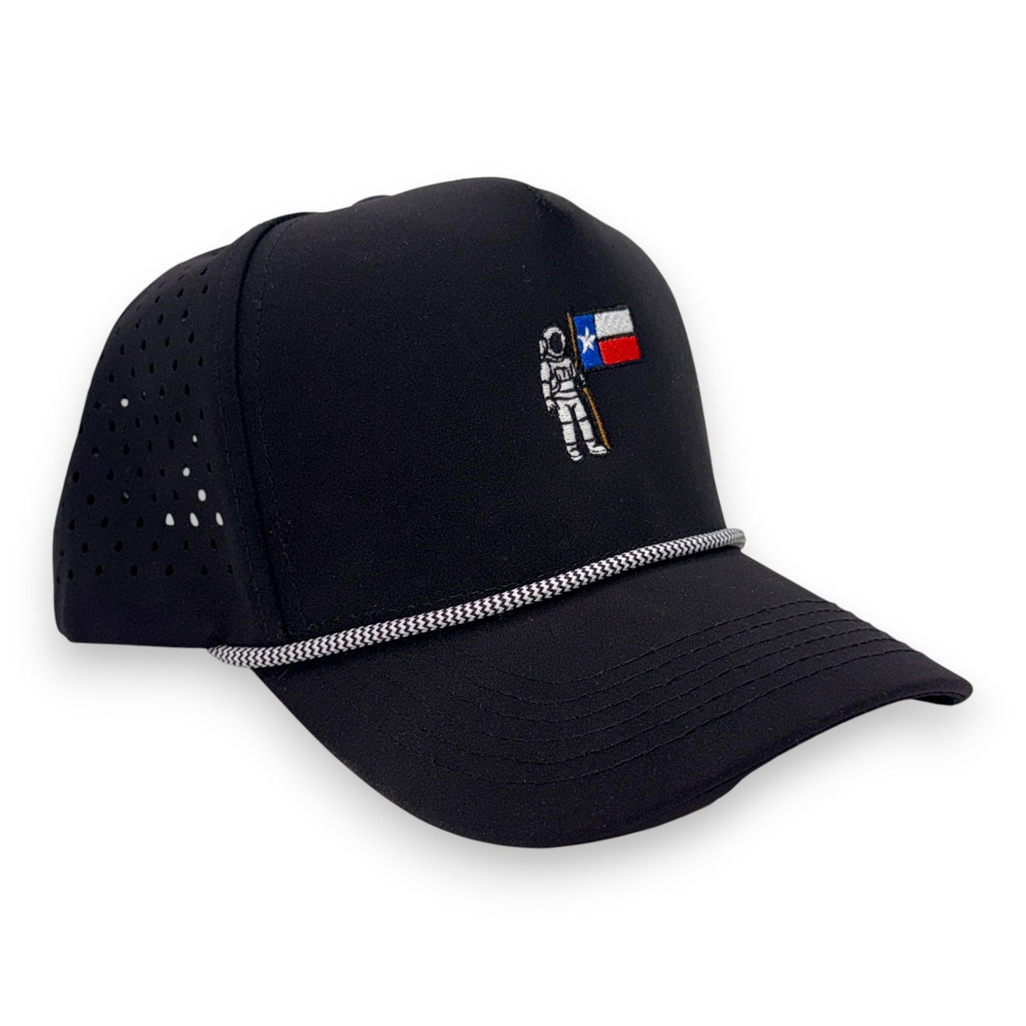 Lone Star Astronaut black performance hat - side angle showing breathable mesh construction and white rope