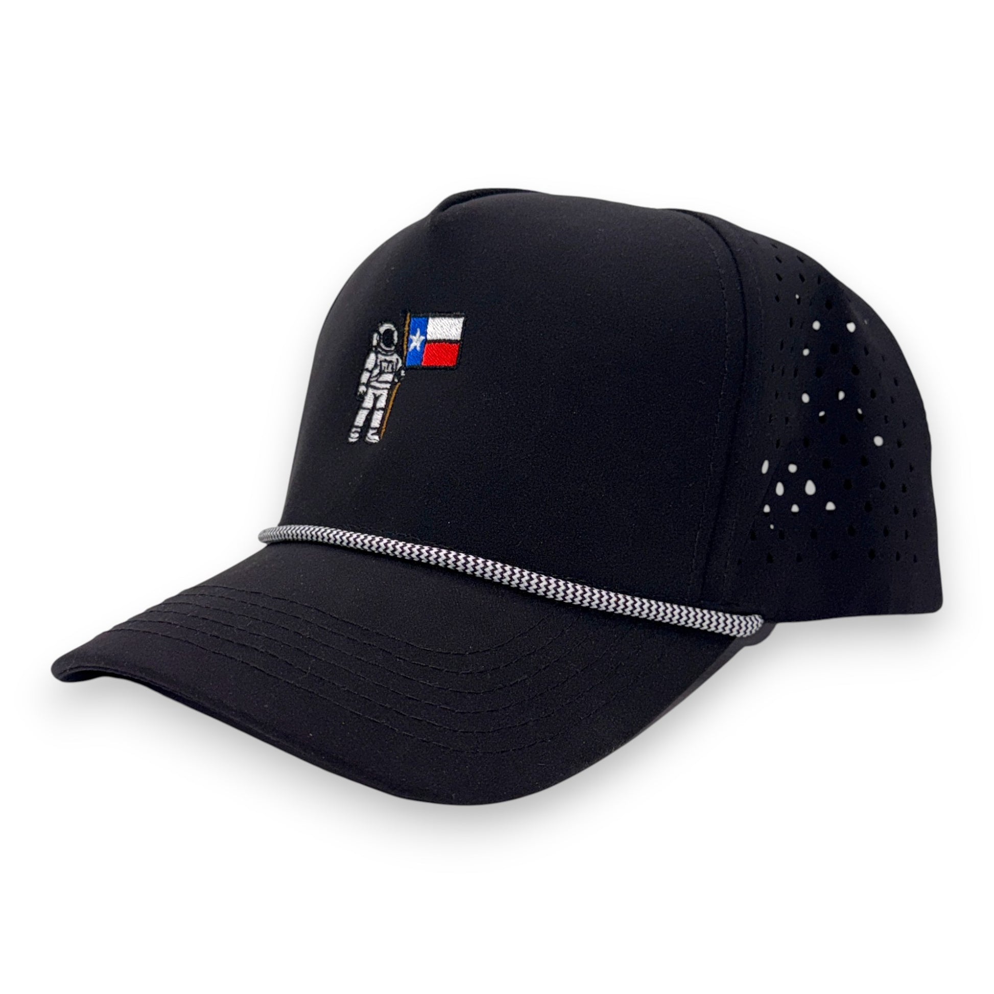 Texas Astronaut performance cap in black - three-quarter view displaying ventilated side panels