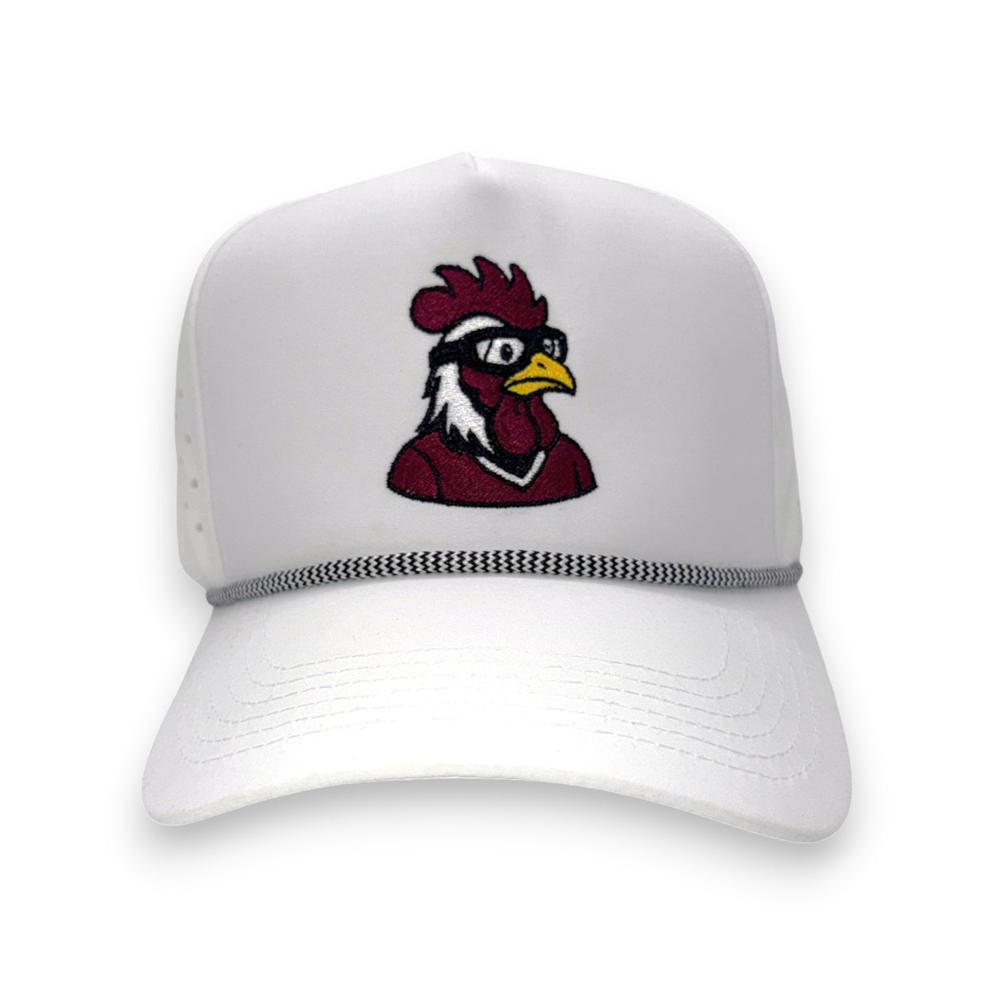 LaRooster Specs rope hat in white - front view with South Carolina rooster specs embroidery
