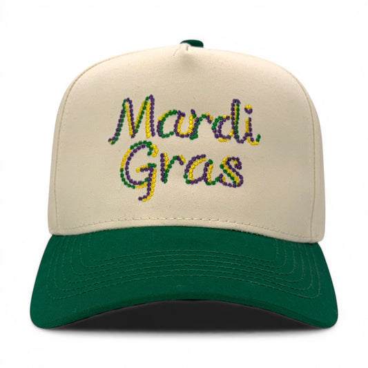 Beige and green cap with 'Mardi Gras' text in multicolor on a white background