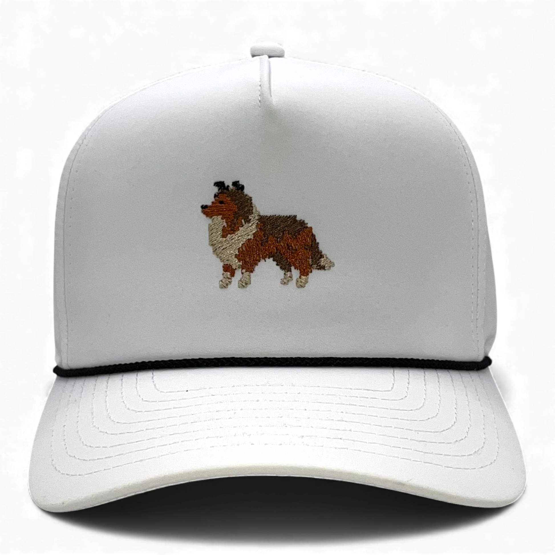 White performance rope hat with embroidered pixel Sheltie on front panel.