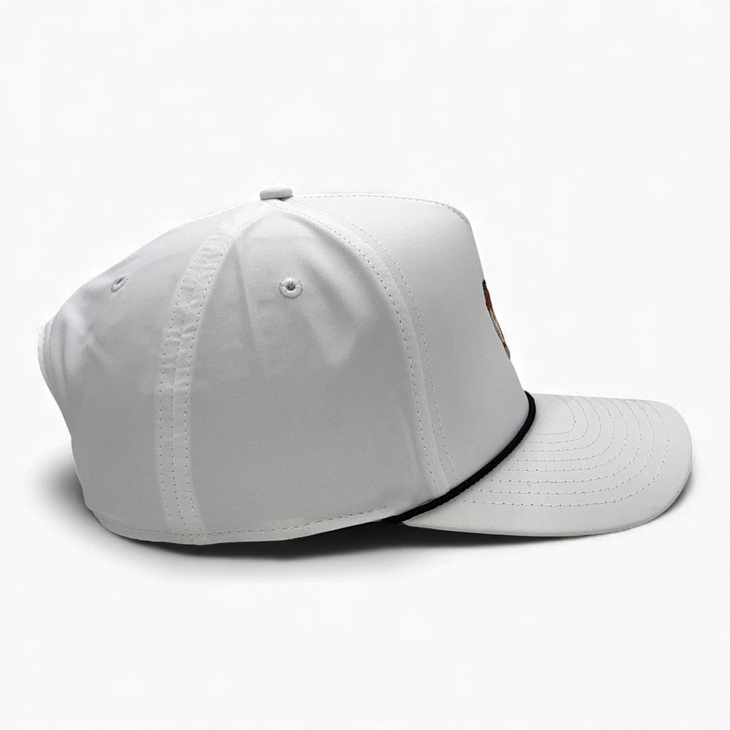 Side profile of white snapback rope hat with black rope trim and structured crown.