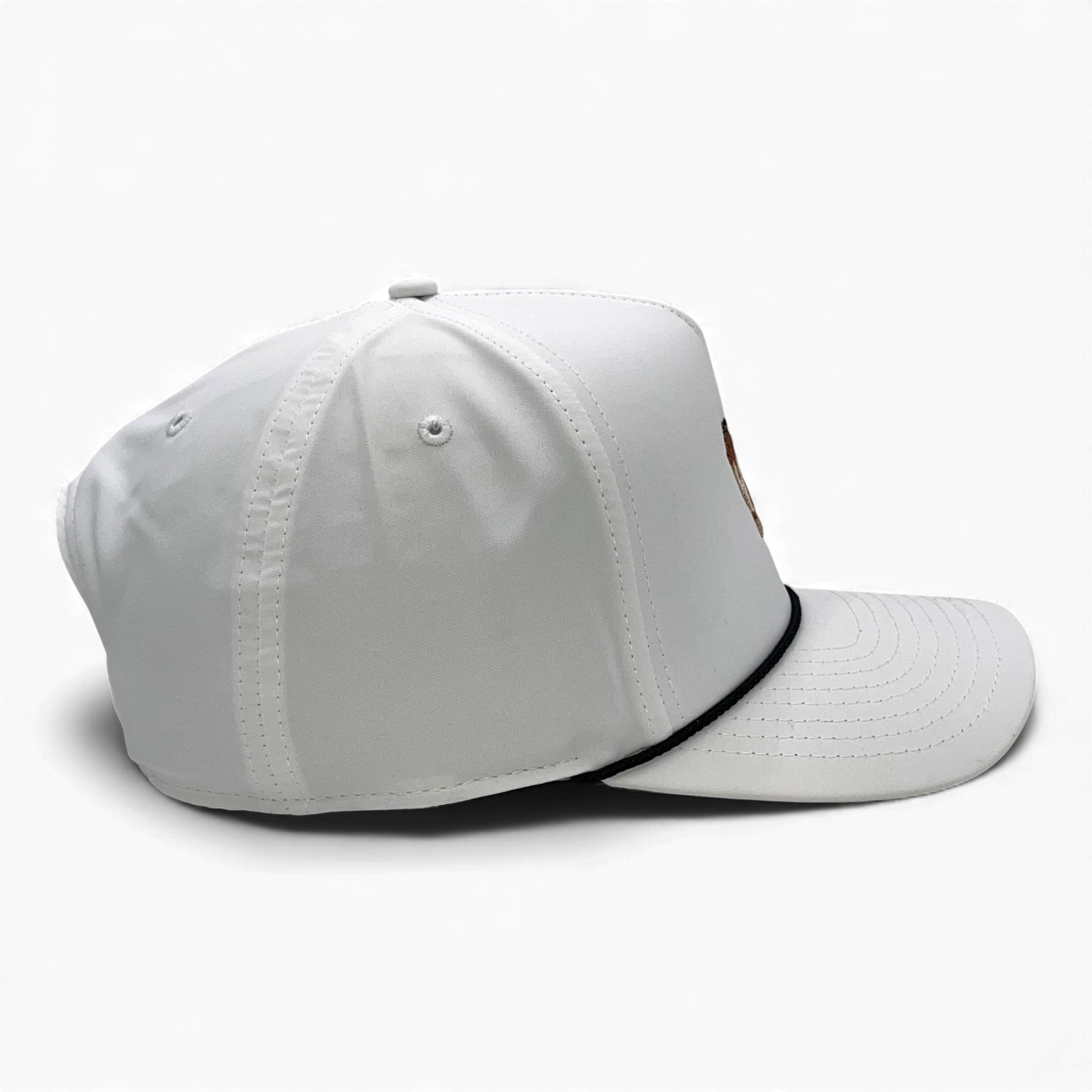 Side profile of white snapback rope hat with black rope trim and structured crown.