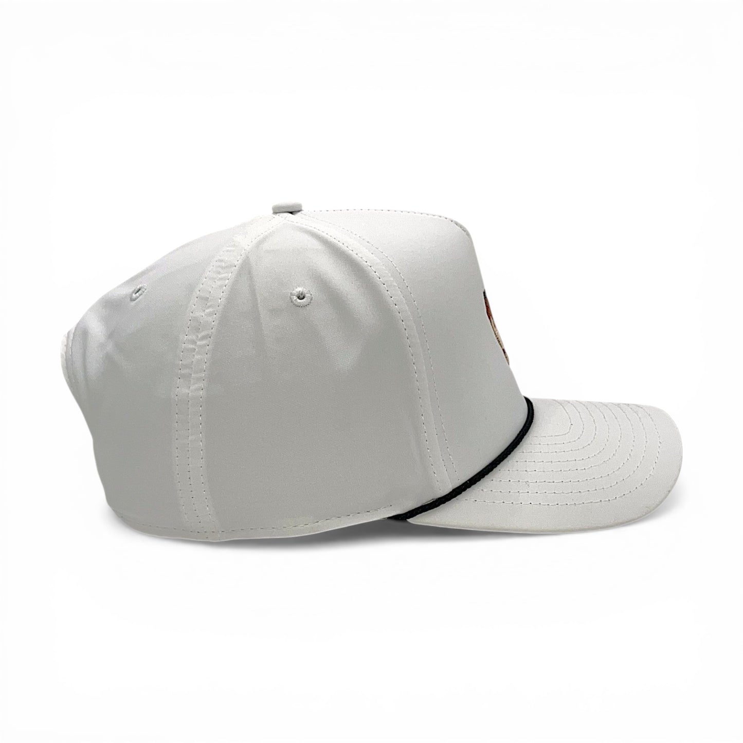 Side profile of white snapback rope hat with black rope trim and structured crown.