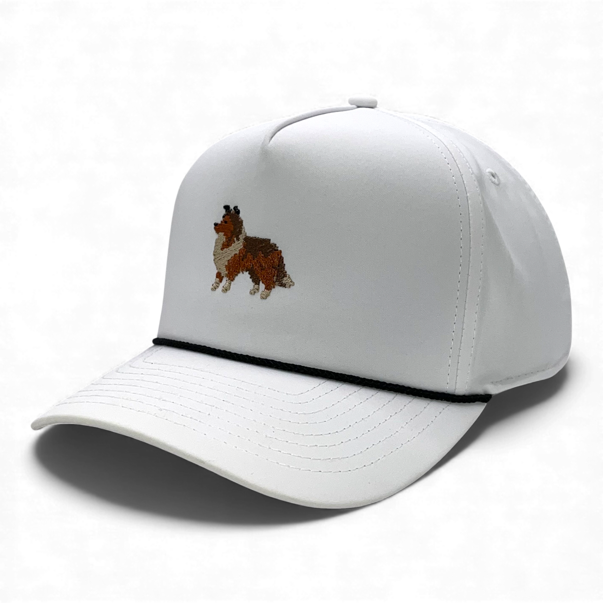 Right side angled view of white performance rope hat with Sheltie embroidery.