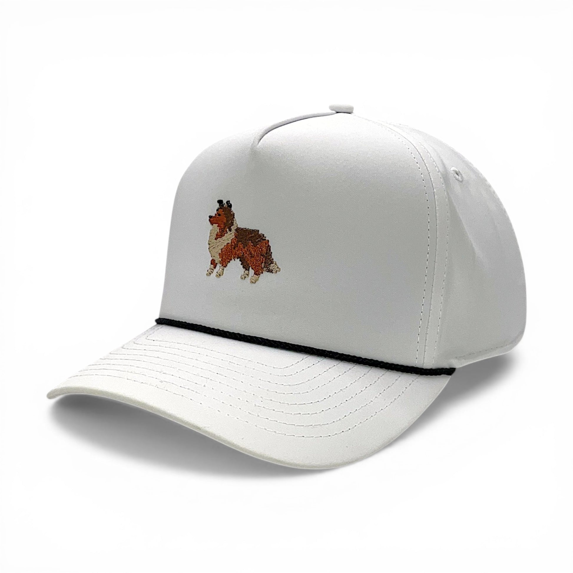 Right side angled view of white performance rope hat with Sheltie embroidery.