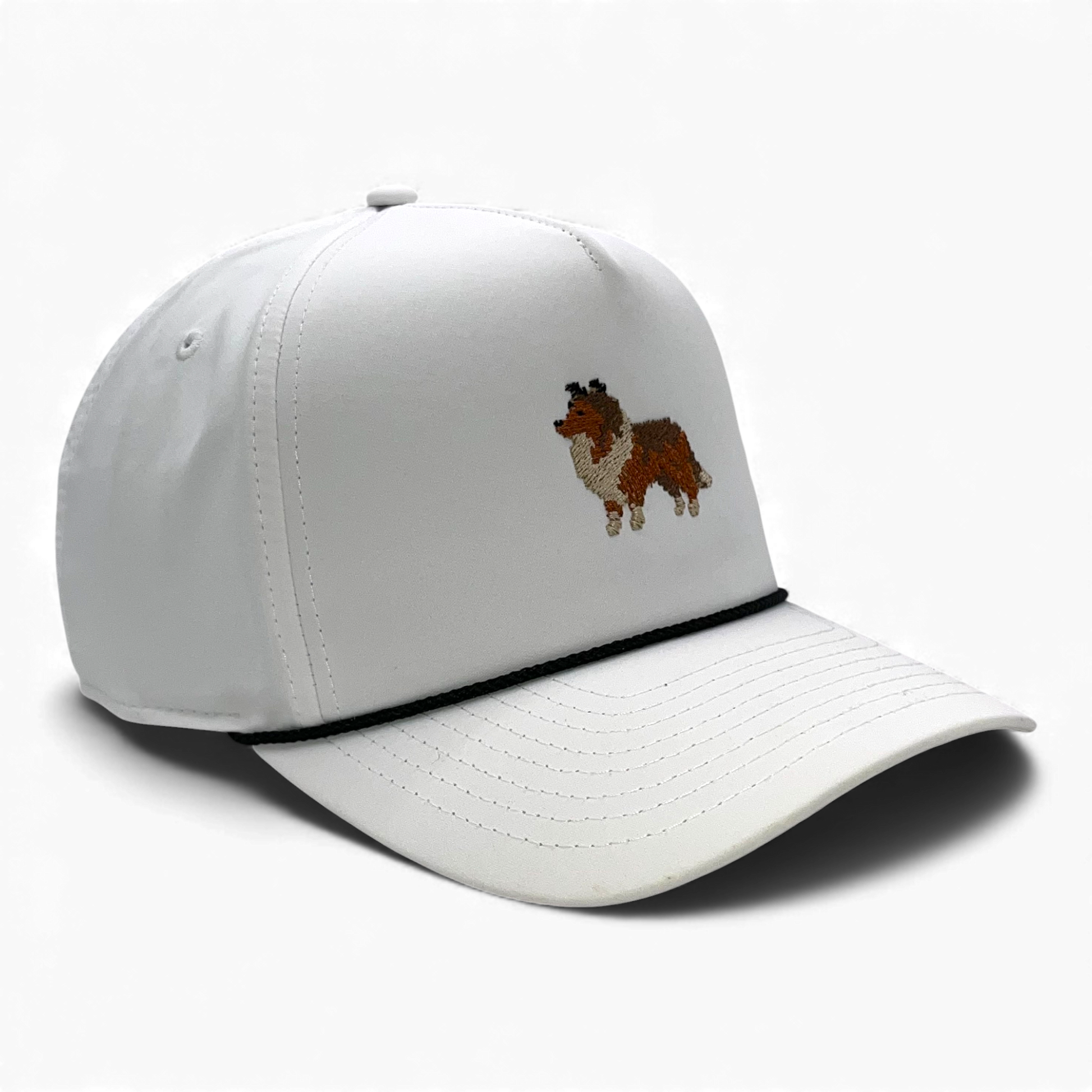 Left side angled view of white rope hat featuring pixel-style Sheltie embroidery