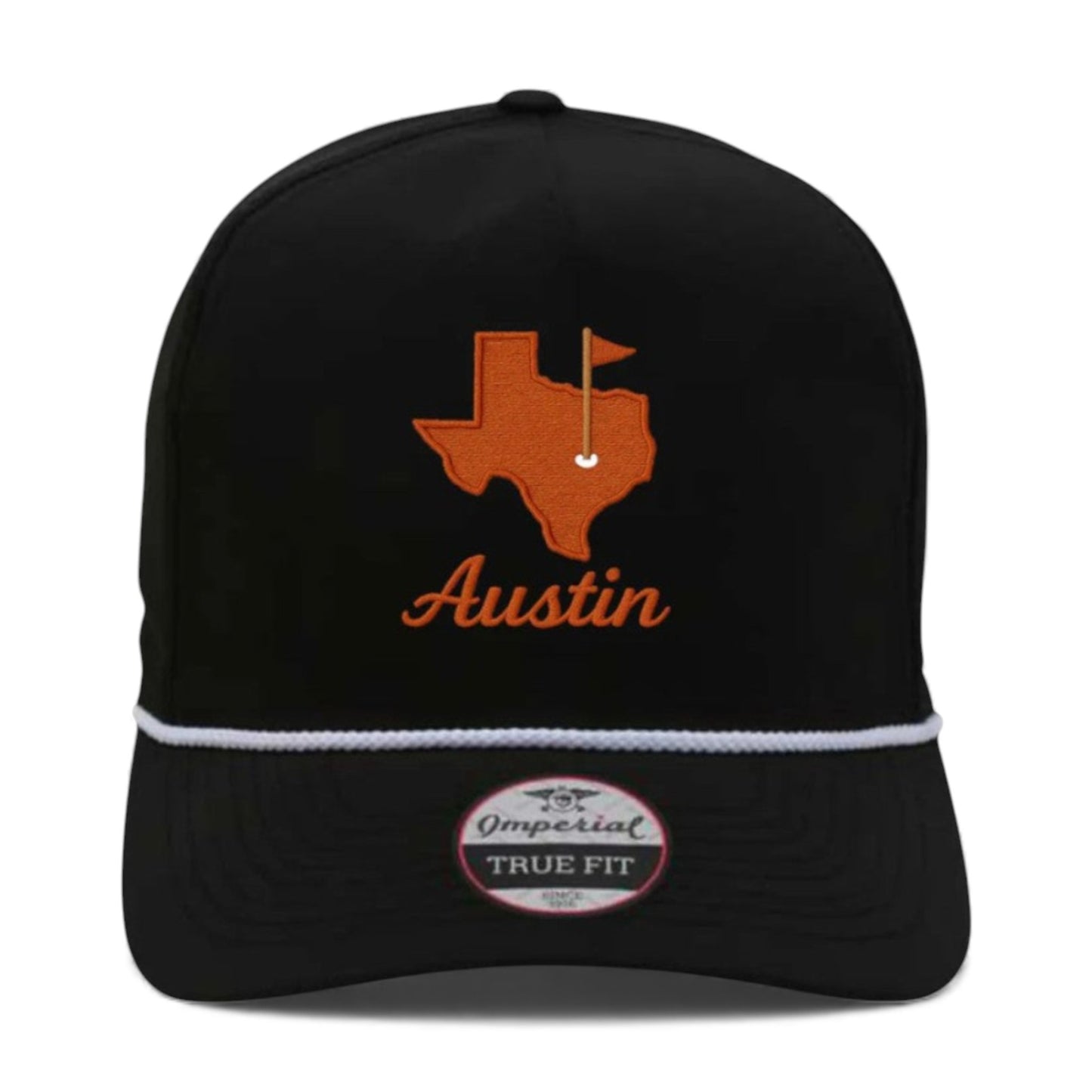  Austin Gameday hat in black with burnt orange Texas design - front view showcasing rope trucker cap style

