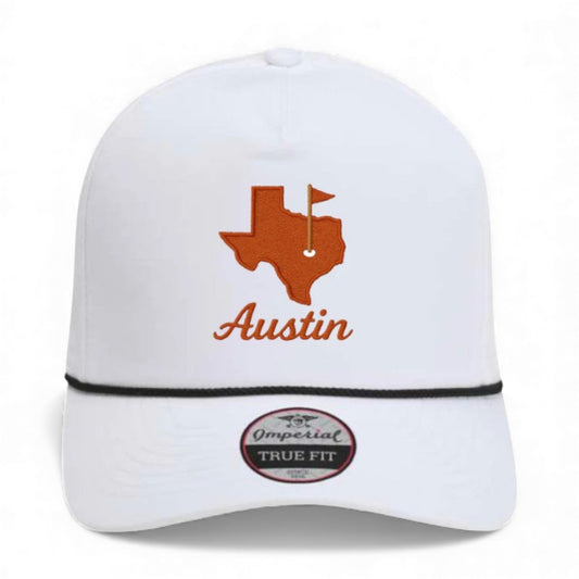 Austin Gameday hat in white with burnt orange Texas embroidery - front view showing Imperial True Fit snapback