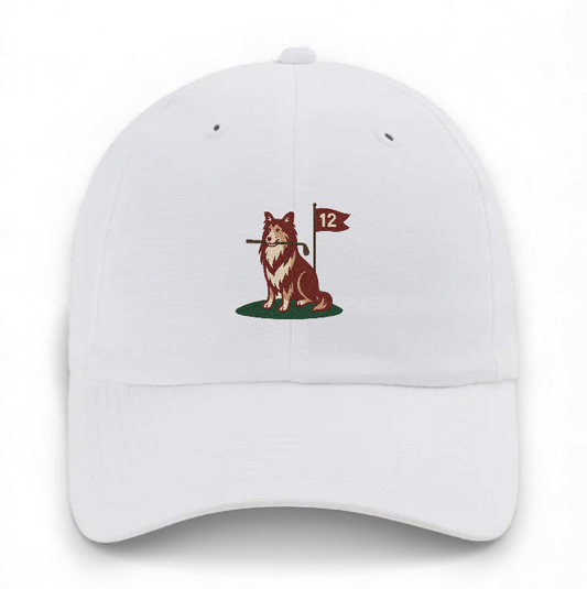 The 12th Hole performance golf hat in white - front view with embroidered logo