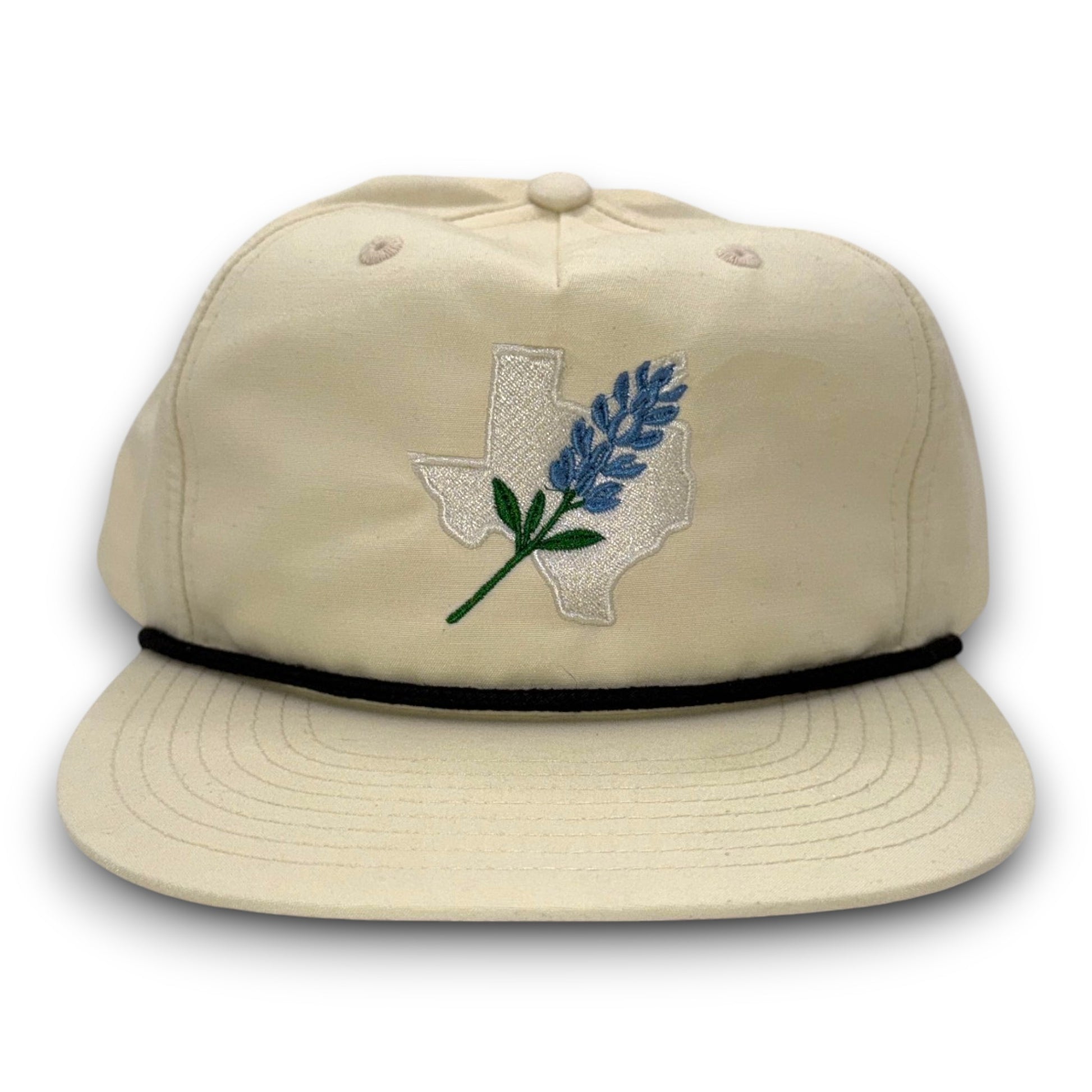 Beige cap with embroidered design on a white background