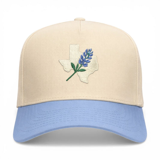 Texas Bluebonnet embroidered hat featuring Texas state outline with bluebonnet flower design