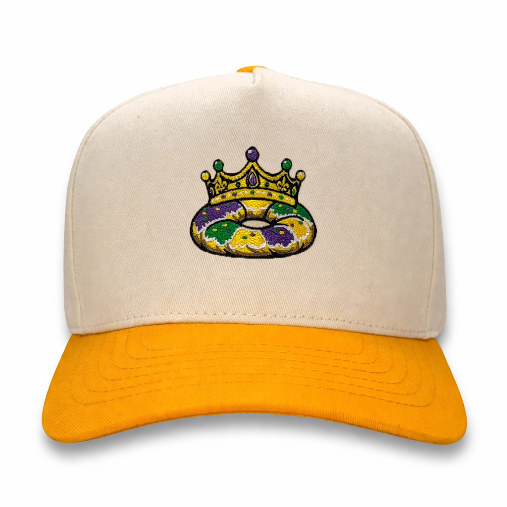 King Cake Mardi Gras Hat – detail view – Mad Capper embroidered hat