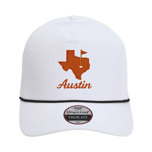 White hat with Texas map and 'Austin' text on a white background