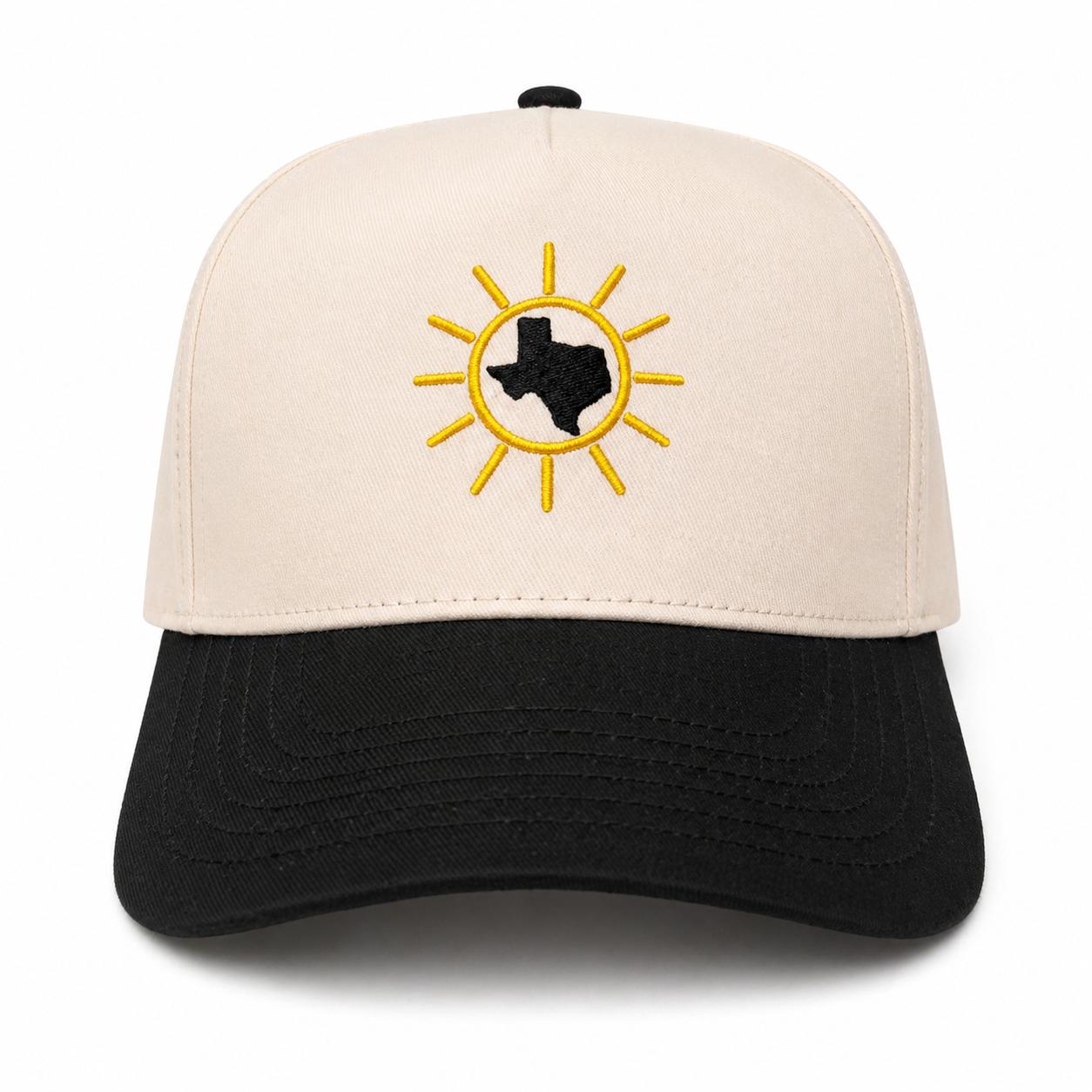 Texas Sun Snapback Hat — Tan/Black Classic, gold sun with Texas state embroidery, high crown two-tone snapback by Mad Capper