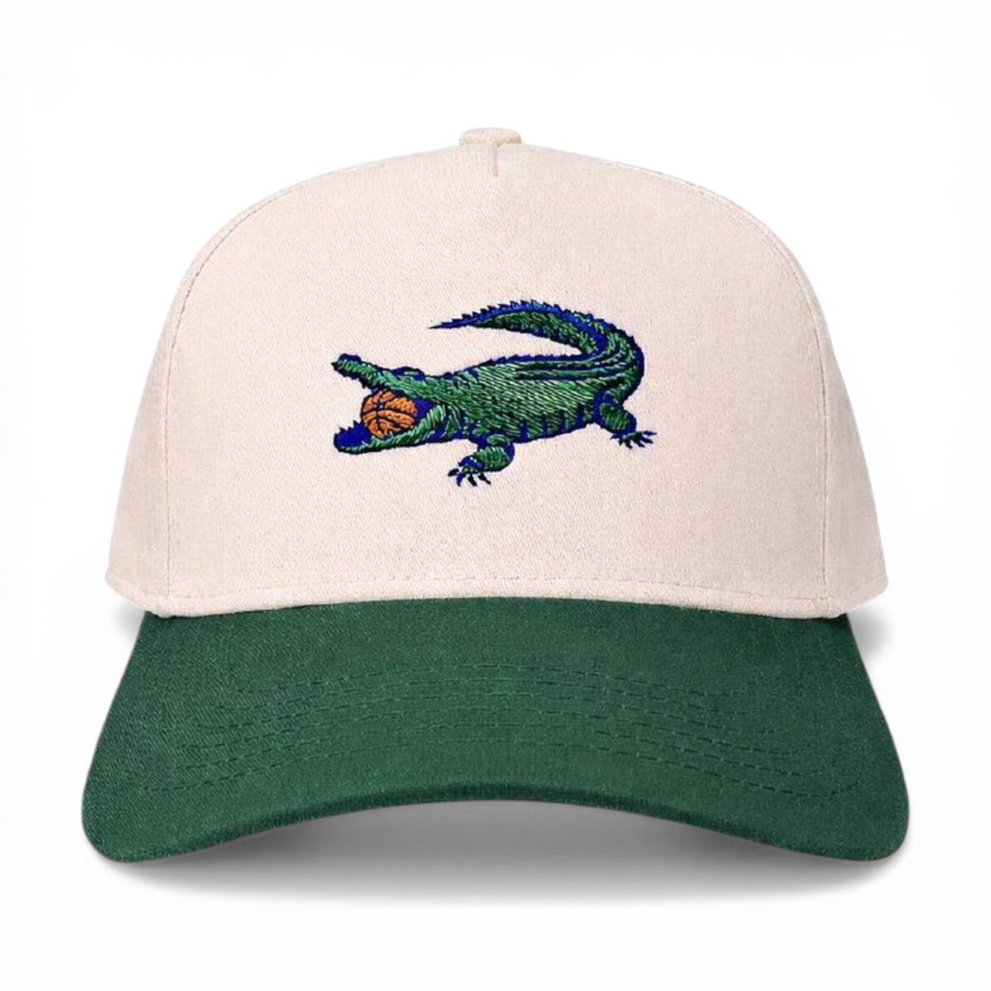 The Ball Chomper cream forest green stitched gator basketball snapback - Mad Capper