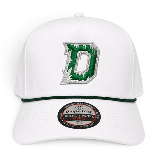 Dallas Ice Storm Hat — Imperial White with Green Rope brim, icy frosted D embroidery, Dallas Stars colors