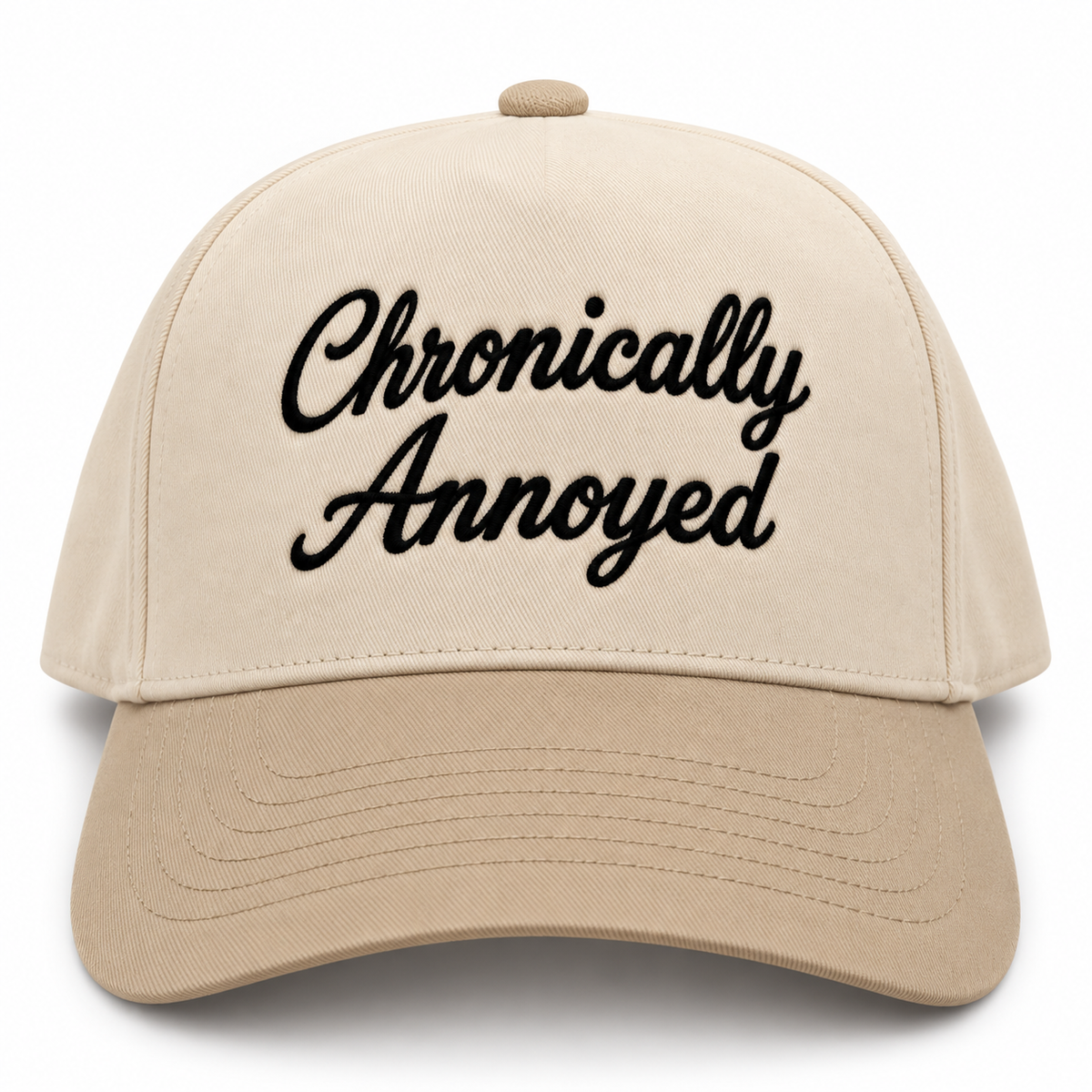 Mad Capper Chronically Annoyed embroidered hat in Natural and Khaki, front view