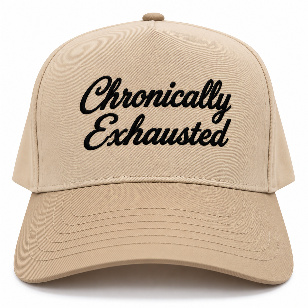 Mad Capper Chronically Exhausted embroidered hat in Natural and Khaki, front view