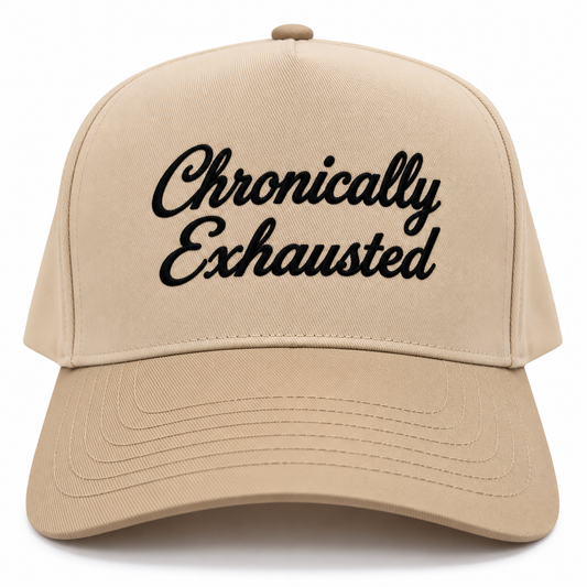 Mad Capper Chronically Exhausted embroidered hat in Natural and Khaki, front view