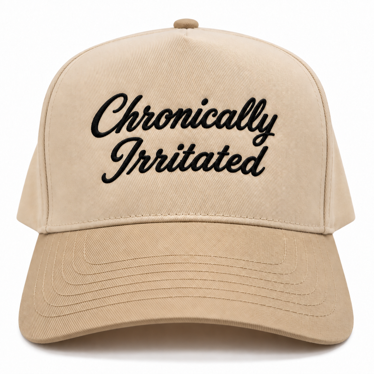 Mad Capper Chronically Irritated embroidered hat in Natural and Khaki, front view