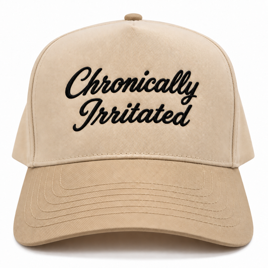 Mad Capper Chronically Irritated embroidered hat in Natural and Khaki, front view