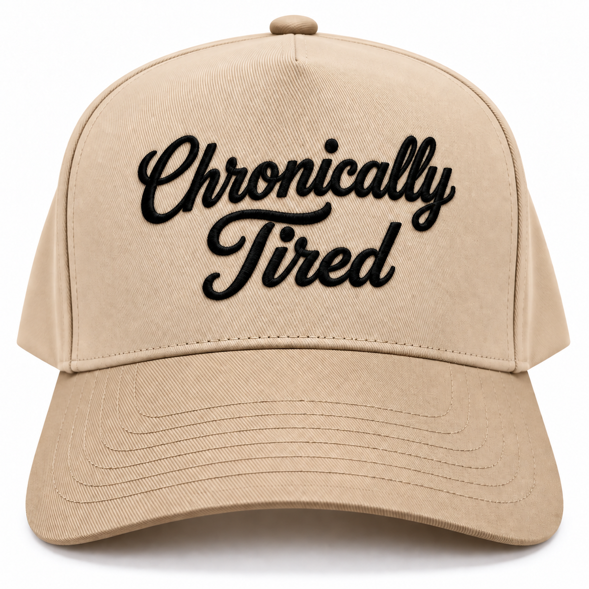 Mad Capper Chronically Tired embroidered hat in Natural and Khaki, front view