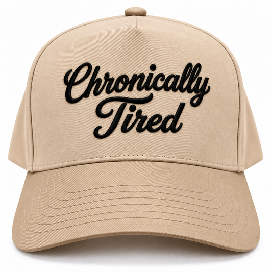 Mad Capper Chronically Tired embroidered hat in Natural and Khaki, front view