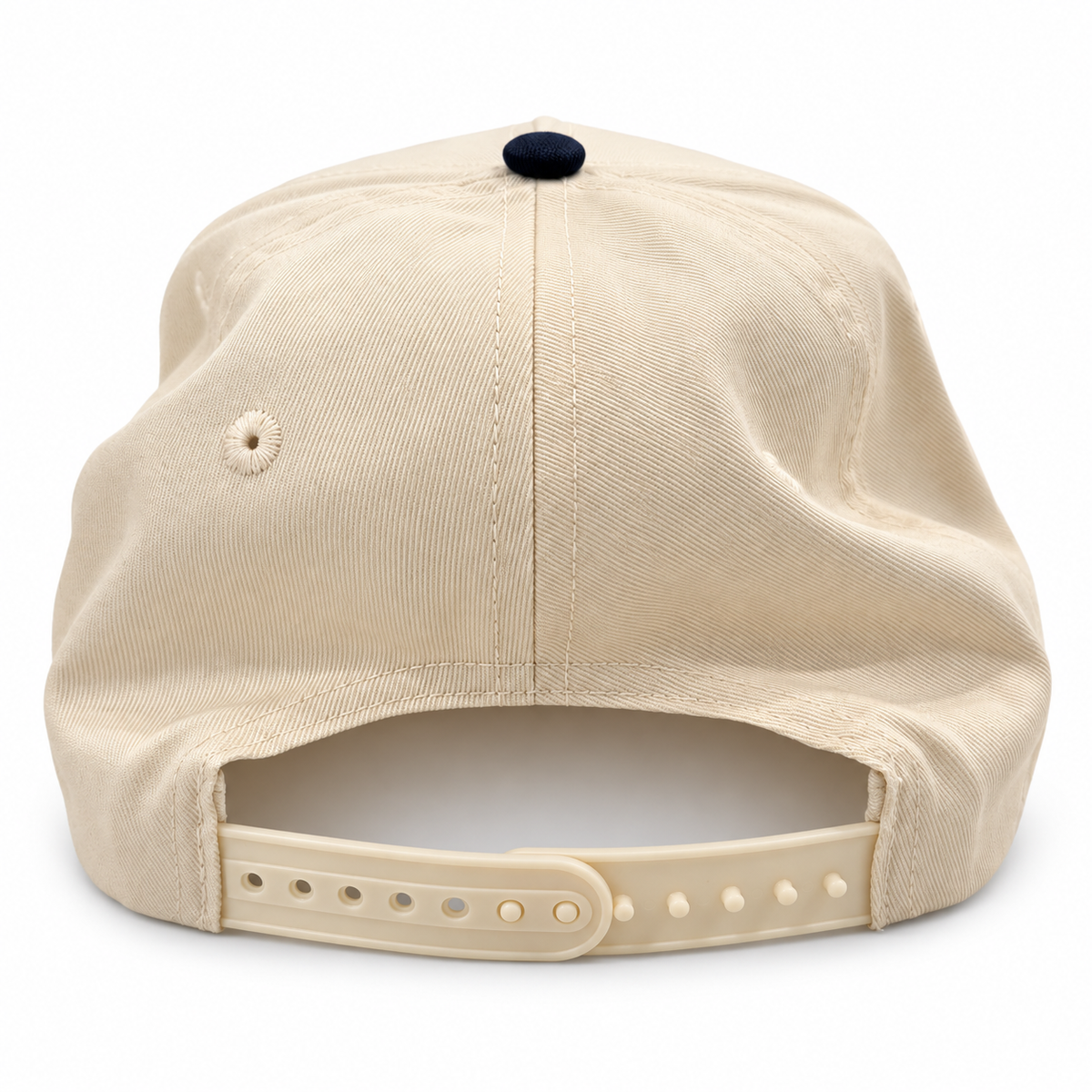 Mad Capper Chronically Unimpressed Classic hat in Natural/Navy, rear view showing cream adjustable snapback closure