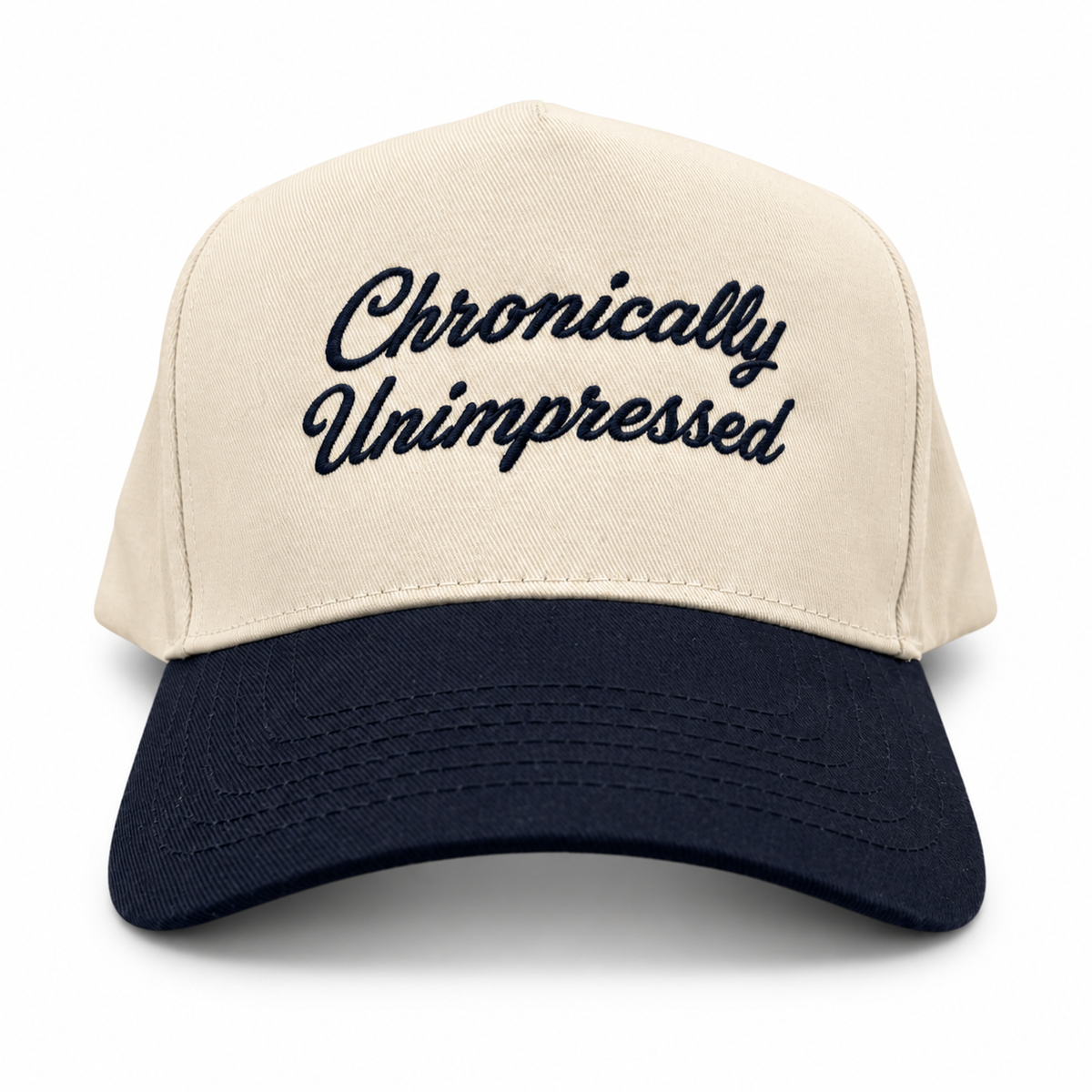 Mad Capper Chronically Unimpressed Classic hat in Natural/Navy, front view with navy script embroidery