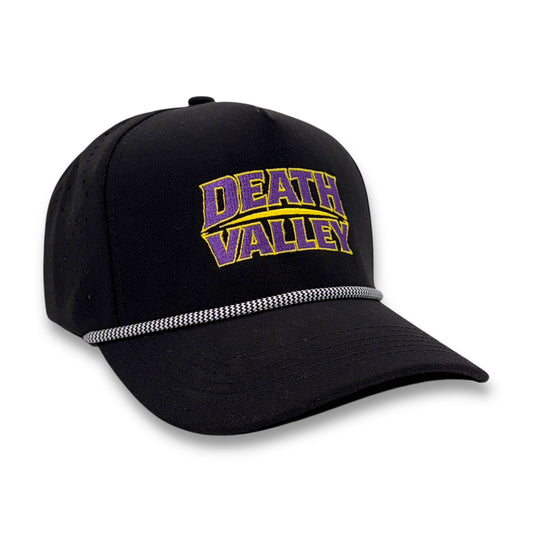 Angled front view of black Death Valley performance hat
