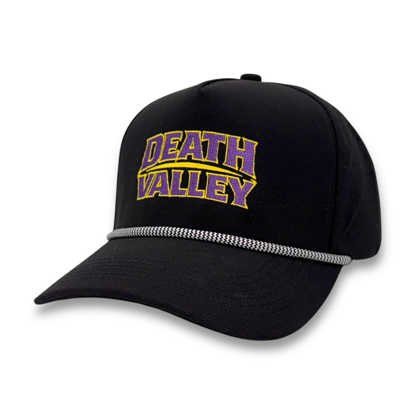 Angled front right view of Death Valley black performance hat
