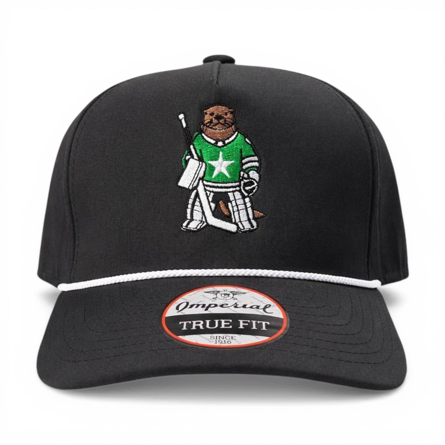 Keeper of the Creek black Imperial Roper hat with otter hockey goalie embroidery - Mad Capper
