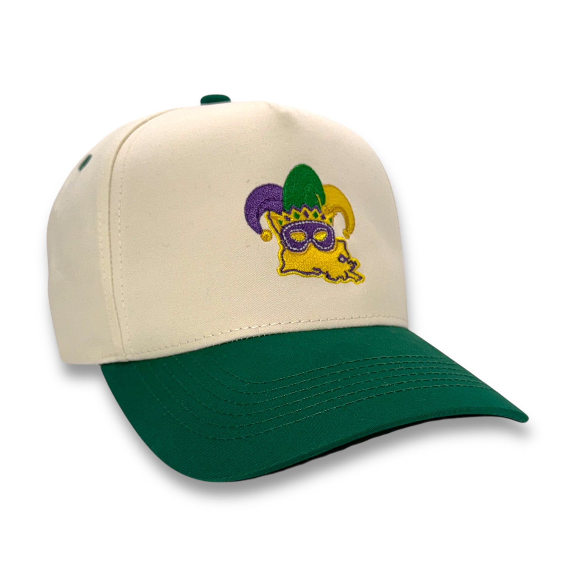 Angled view of Louisiana Masquerade Mardi Gras mask embroidered baseball cap
