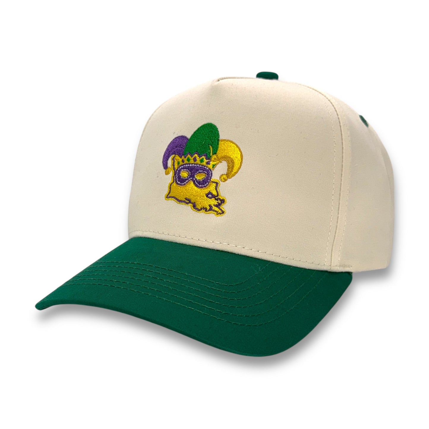 Side angle of Louisiana Masquerade hat with embroidered Mardi Gras mask design
