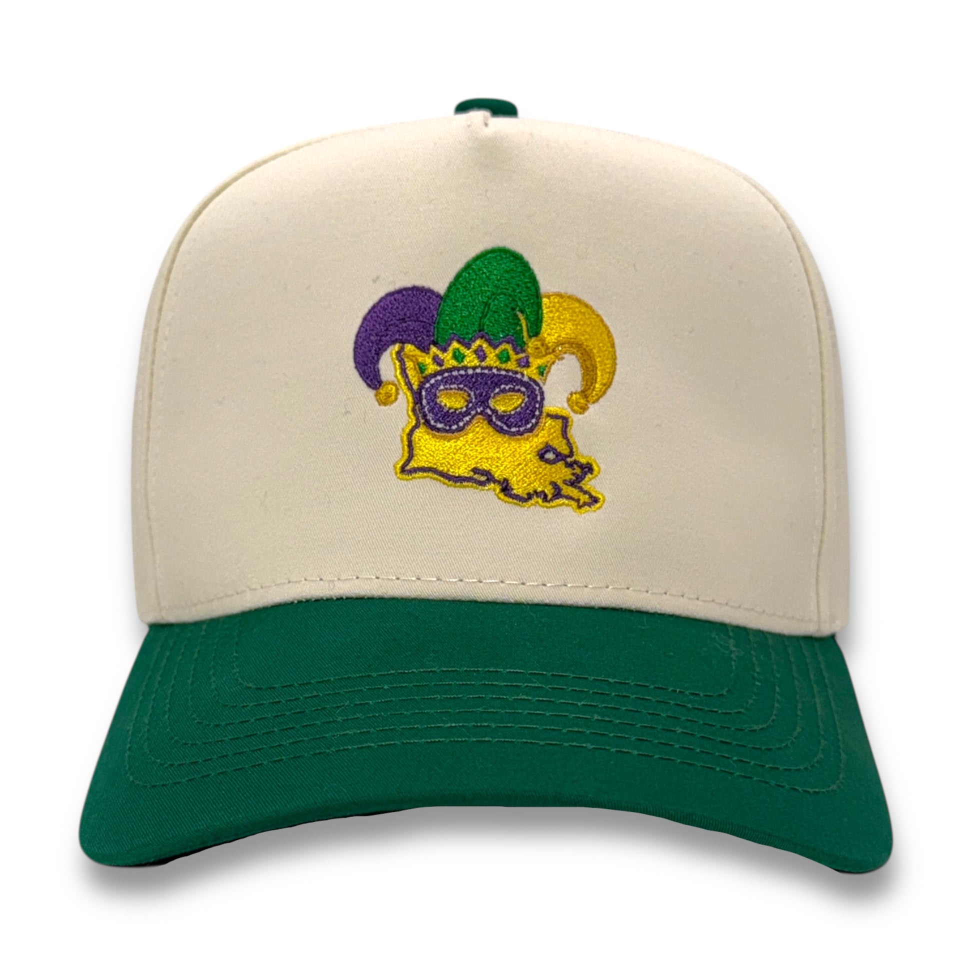 Louisiana Masquerade embroidered hat featuring Mardi Gras mask design on green brim baseball cap
