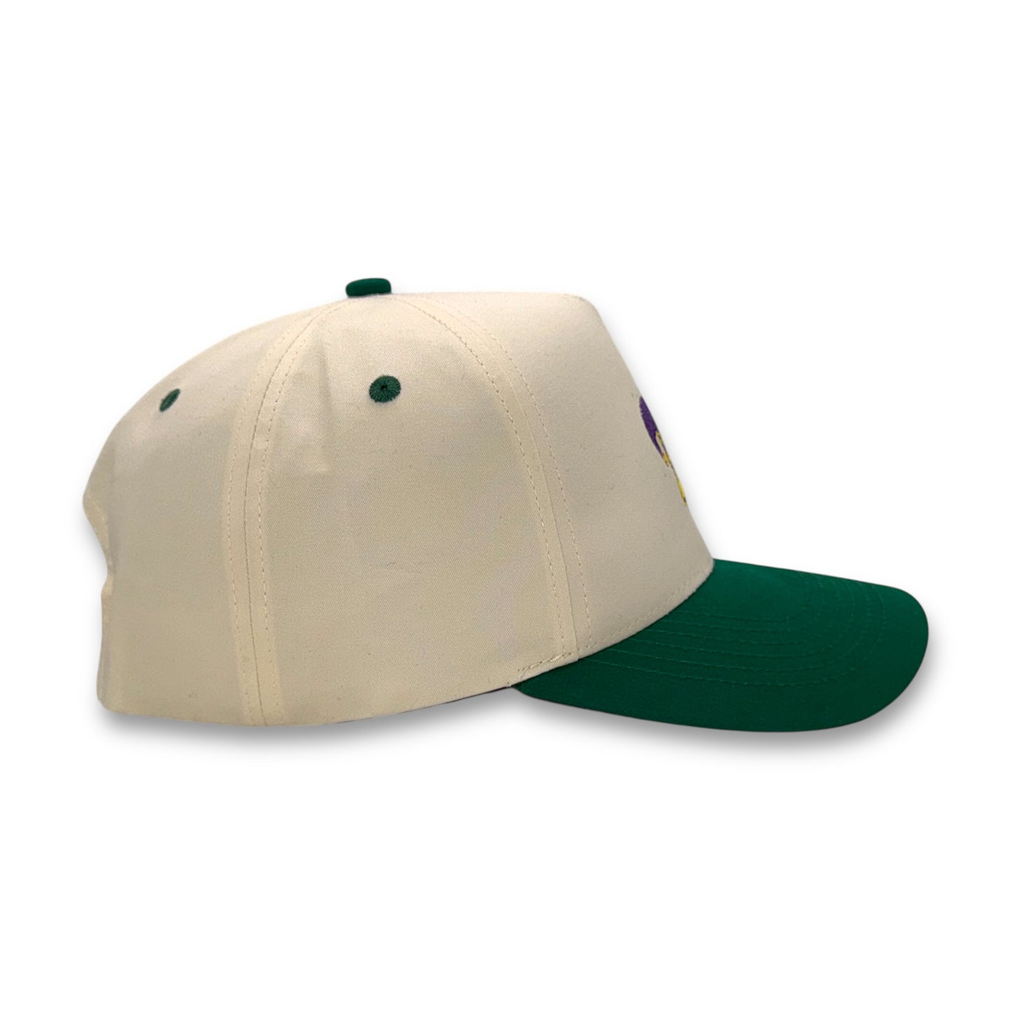 Side and back view of Louisiana Masquerade green brim adjustable baseball cap
