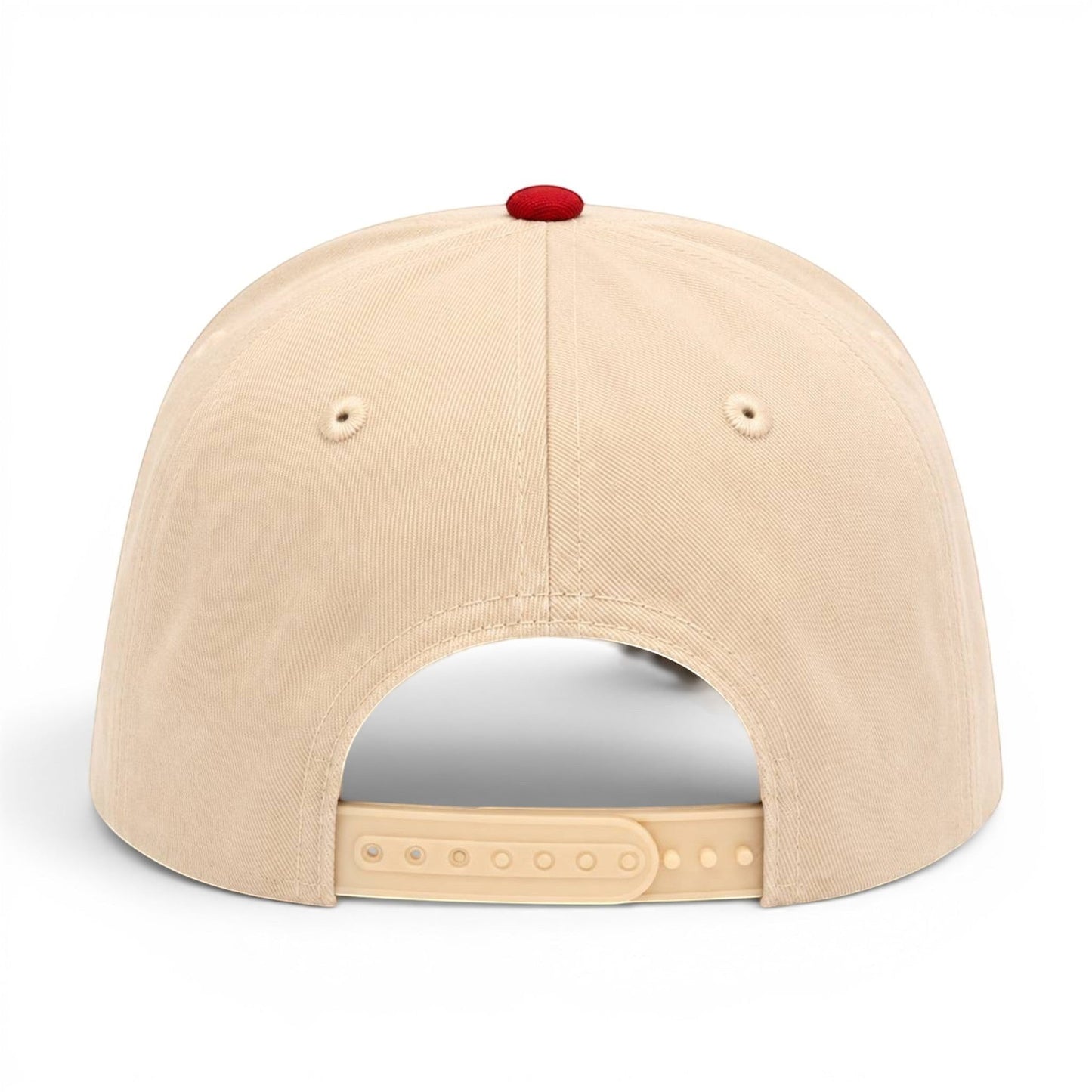 Mad Capper tan and red two-tone snapback hat with adjustable strap and embroidered golden retriever with American flag.