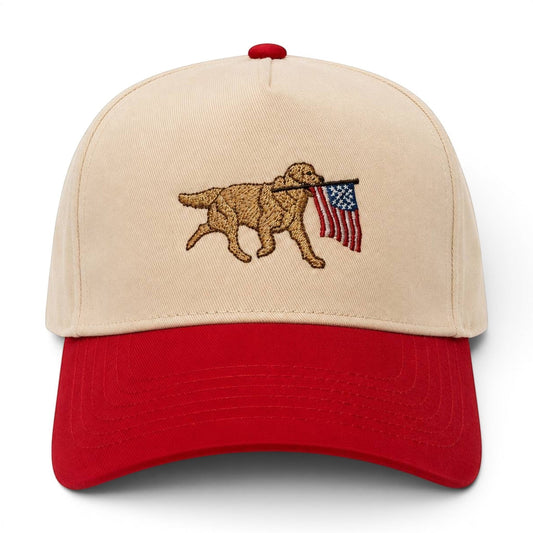 Mad Capper tan and red two-tone snapback hat with embroidered golden retriever carrying American flag.