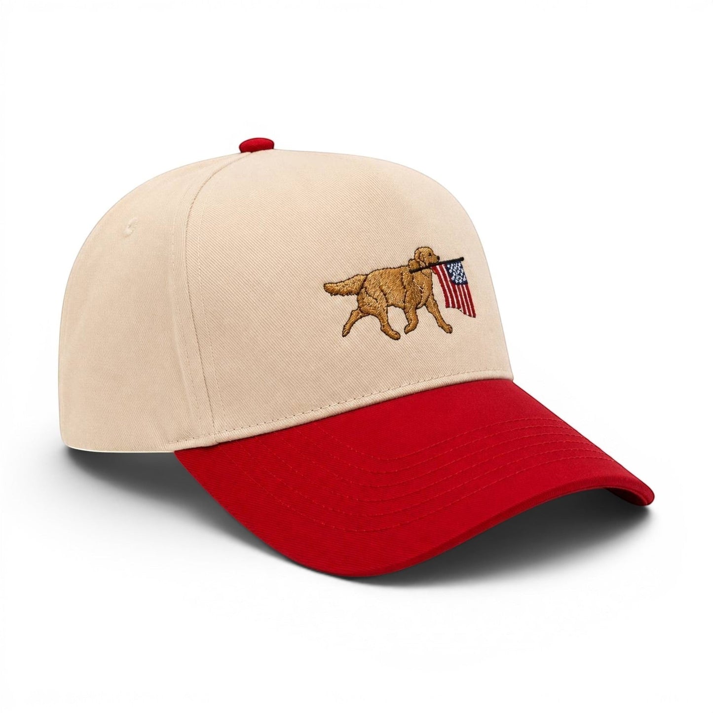 Mad Capper tan and red two-tone snapback hat with embroidered golden retriever carrying American flag.