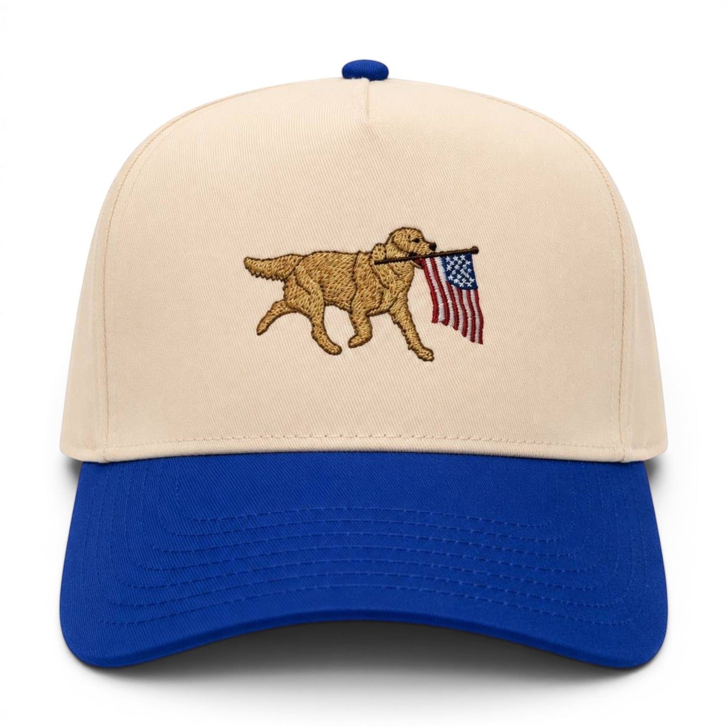 Mad Capper tan and red two-tone snapback hat with embroidered golden retriever carrying American flag.