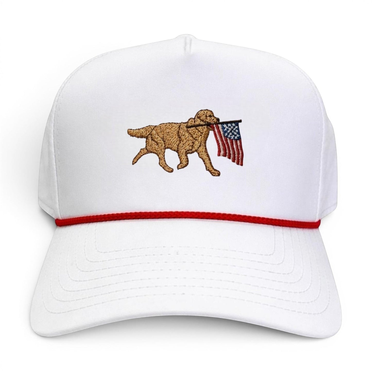 Mad Capper white snapback hat with red rope trim, featuring embroidered golden retriever carrying an American flag.
