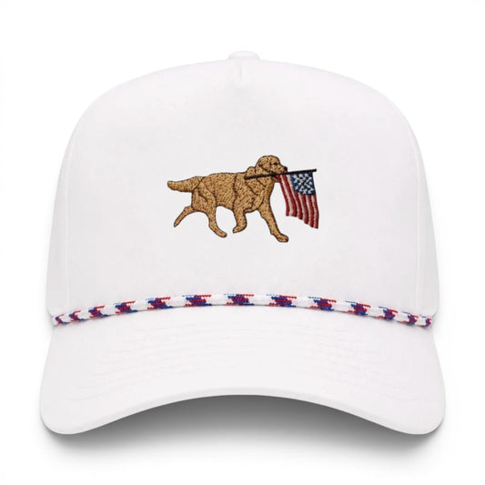 Mad Capper white snapback hat featuring premium embroidery of a golden retriever carrying an American flag.