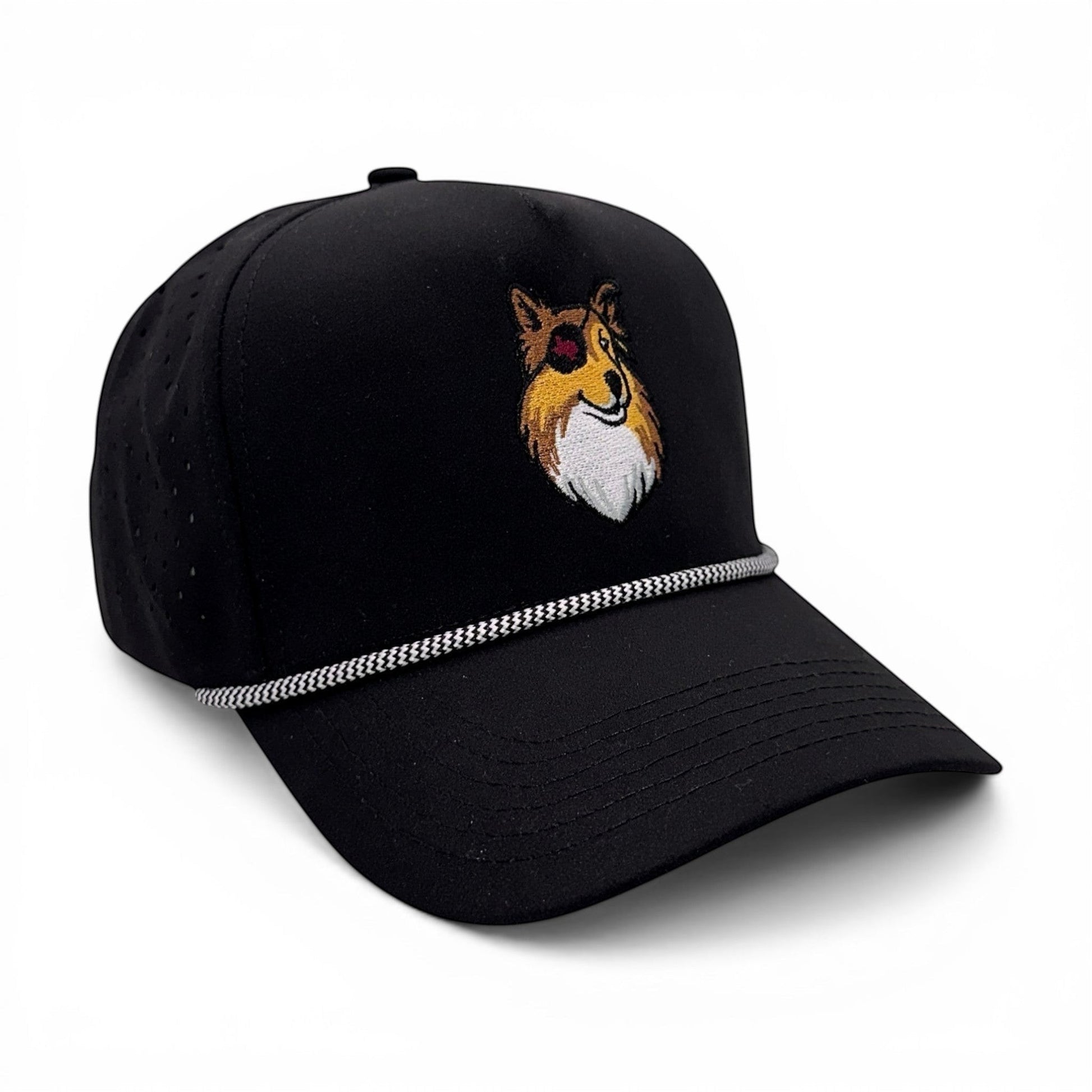 Mad Capper black rope trucker hat with embroidered dog logo and adjustable snapback