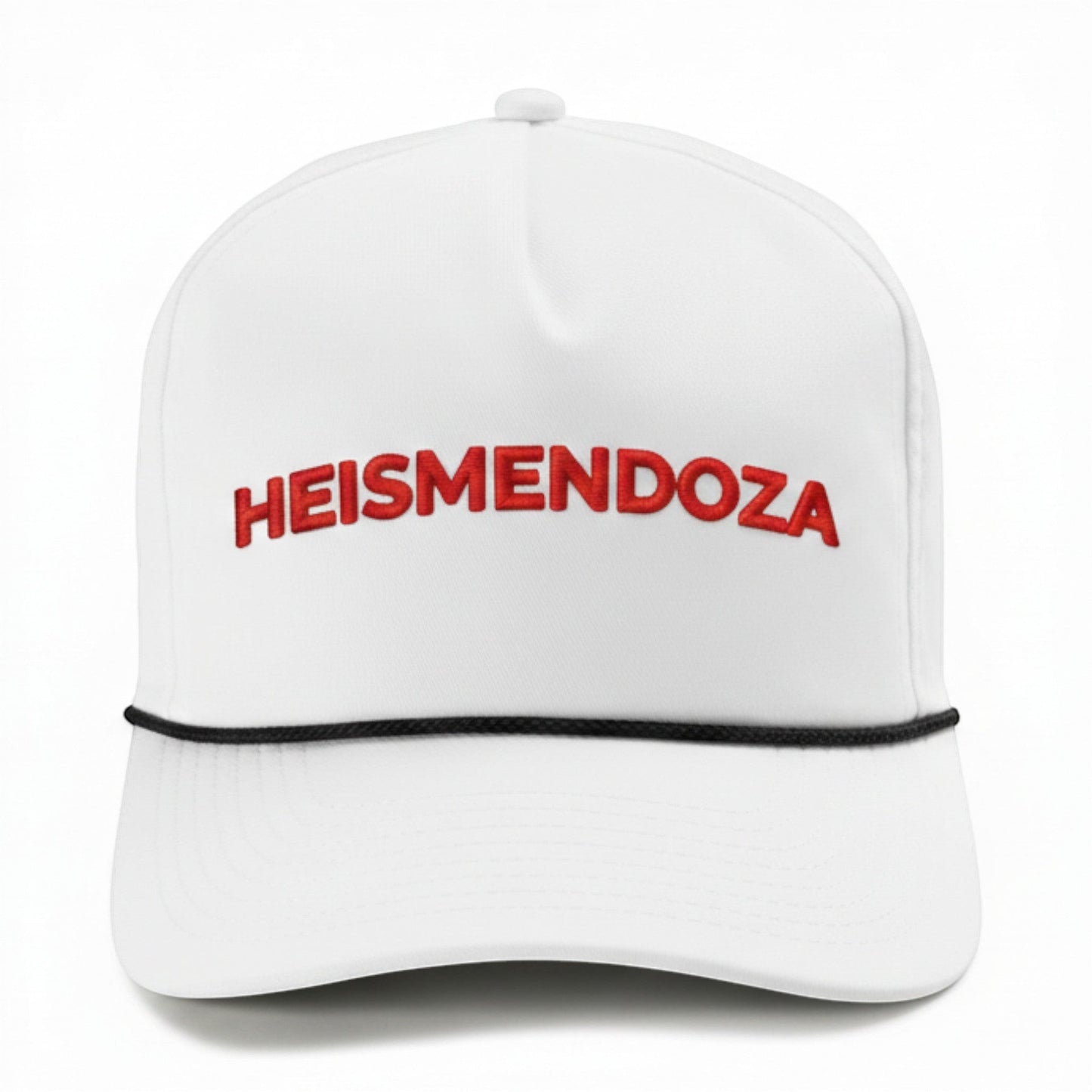 Mad Capper white trucker hat with red embroidered "HEISMENDOZA" text and black rope detail.